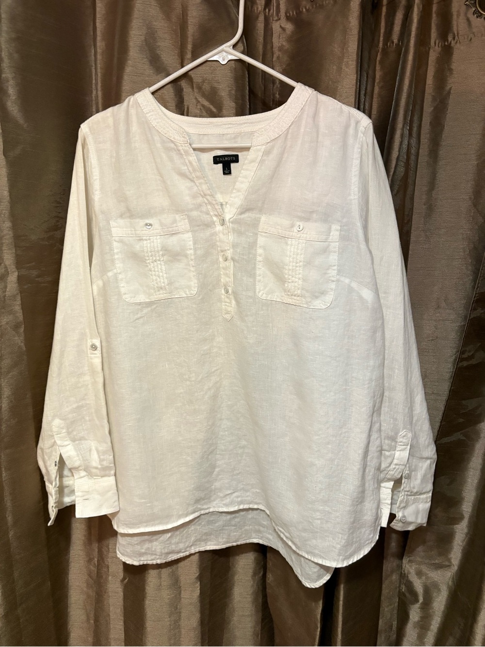 Talbots Linen White Long-Sleeve Linen Henley Shirt